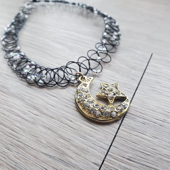 Henna Tattoo choker necklace with gold rhinestone moon and star - Picture 4 of 5